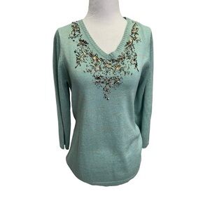 Vintage Green V-Neck Pullover Sweater Beading Detail Size M